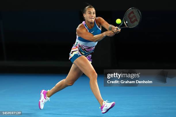 Aryna Sabalenka plays a backhand in the Semifinal singles match against Magda Linette of Poland during day 11 of the 2023 Australian Open at...