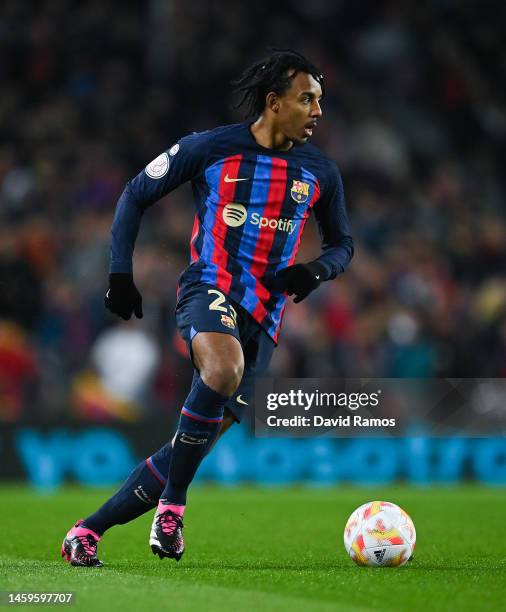 Jules Koundé of FC Barcelona runs with the ball during the Copa Del Rey Quarter Final match between FC Barcelona and Real Sociedad at Spotify Camp...