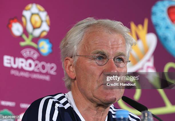 In this handout image provided by UEFA, Coach Morten Olsen of Denmark speaks during a press conference ahead of their UEFA EURO 2012 Group B match...