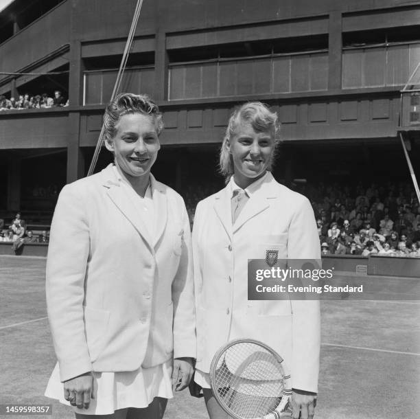 American tennis player Darlene Hard and British player Ann Haydon posing before their match at the Wightman Cup at Wimbledon, London, on June 11th,...