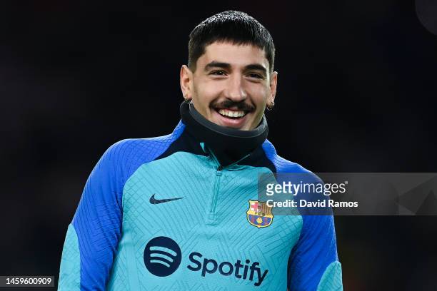 Hector Bellerin of FC Barcelona looks on during the warm up prior to the Copa Del Rey Quarter Final match between FC Barcelona and Real Sociedad at...