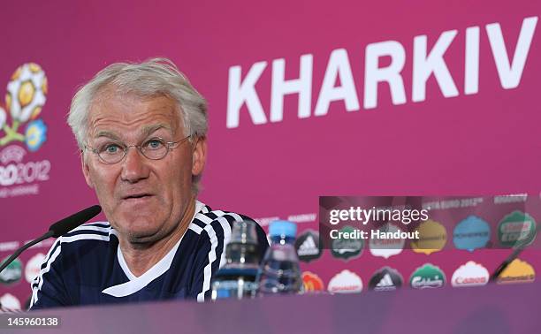 In this handout image provided by UEFA, Coach Morten Olsen of Denmark speaks during a press conference ahead of their UEFA EURO 2012 Group B match...