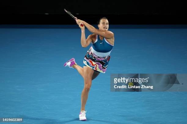 Aryna Sabalenka plays a backhand in the Semifinal singles match against Magda Linette of Poland during day 11 of the 2023 Australian Open at...