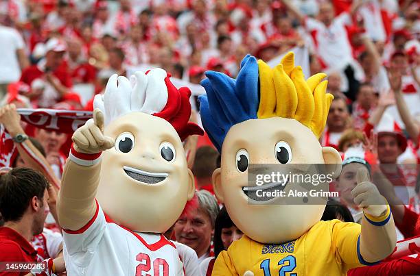 Euro 2012 mascots Slavek and Slavko pose ahead of the UEFA EURO 2012 group A match between Poland and Greece at National Stadium on June 8, 2012 in...