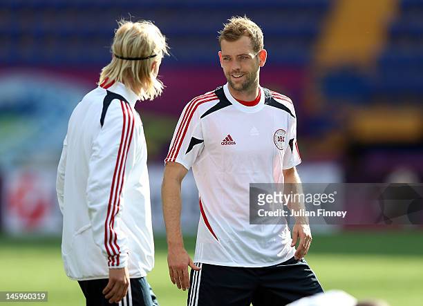Nicklaus Pedersen of Denmark looks on during Denmark Training session ahead of UEFA EURO 2012 at the Metalist Stadium on June 8, 2012 in Kharkov,...