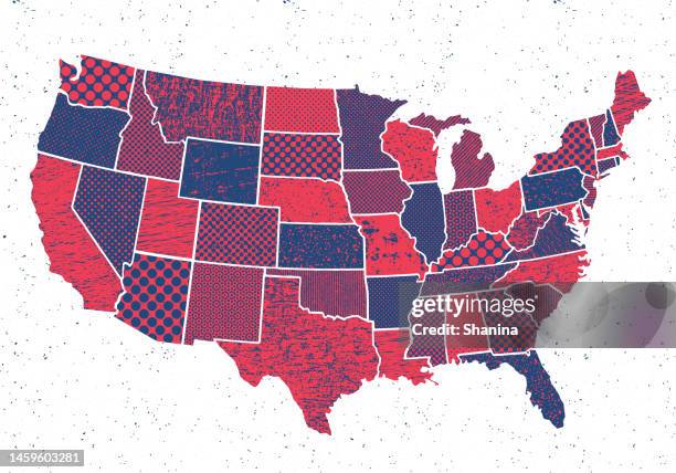 usa states map with random grunge textures - blue and red - rough texture border stock illustrations