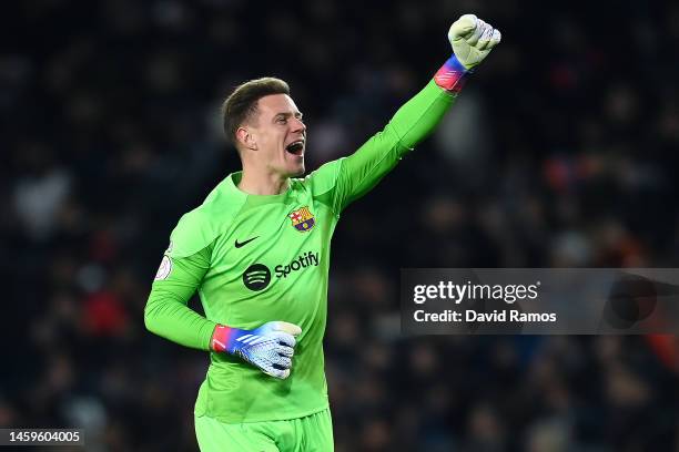 Marc-André ter Stegen of FC Barcelona celebrates after his team mate Ousmane Dembélé scored their team's first goal during the Copa Del Rey Quarter...