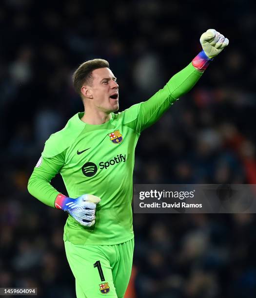 Marc-André ter Stegen of FC Barcelona celebrates after his team mate Ousmane Dembélé scored their team's first goal during the Copa Del Rey Quarter...