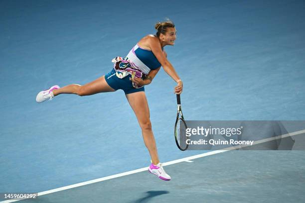 Aryna Sabalenka serves in the Semifinal singles match against Magda Linette of Poland during day 11 of the 2023 Australian Open at Melbourne Park on...