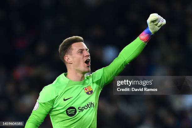 Marc-André ter Stegen of FC Barcelona celebrates after his team mate Ousmane Dembélé scored their team's first goal during the Copa Del Rey Quarter...