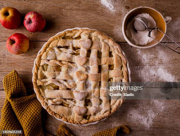 homemade apple pie on wooden background - cake table stock pictures, royalty-free photos & images