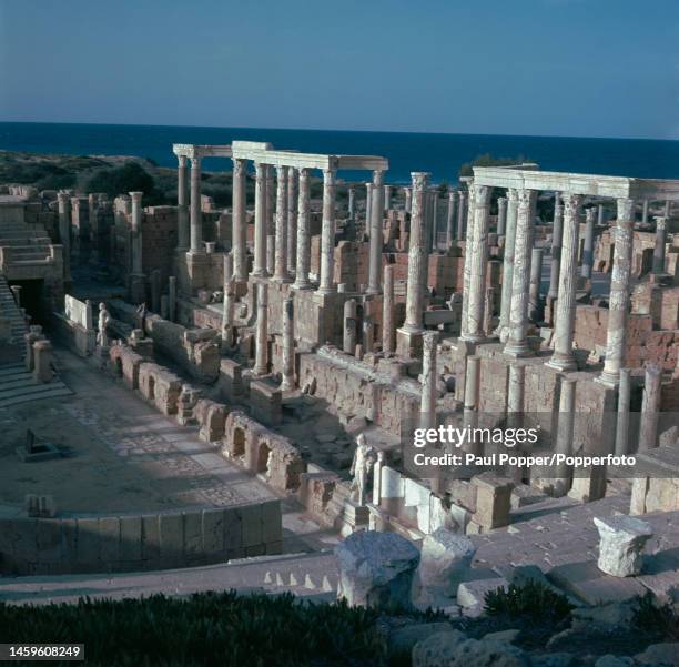 The Roman theatre within the ruins of the ancient Carthaginian and Roman city of Leptis Magna on the Mediterranean coast of the Tripolitania region...