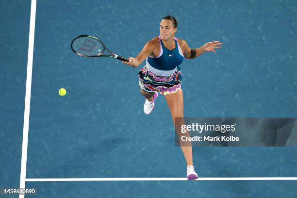 Aryna Sabalenka plays a forehand in the Semifinal singles match against Magda Linette of Poland during day 11 of the 2023 Australian Open at...