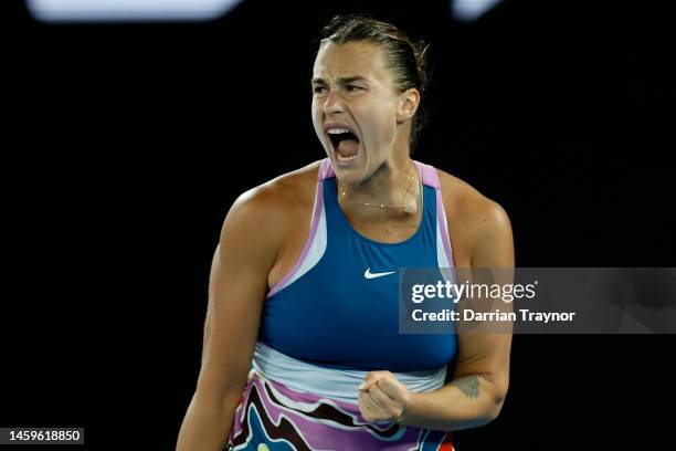 Aryna Sabalenka reacts in the Semifinal singles match against Magda Linette of Poland during day 11 of the 2023 Australian Open at Melbourne Park on...