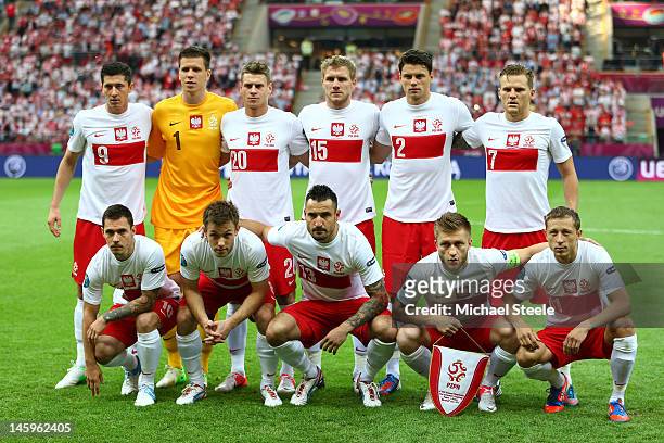 The Poland team line up during the UEFA EURO 2012 group A match between Poland and Greece at The National Stadium on June 8, 2012 in Warsaw, Poland.