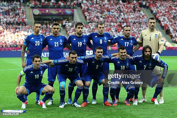 The Greece team line up ahead of the UEFA EURO 2012 group A match between Poland and Greece at National Stadium on June 8, 2012 in Warsaw, Poland.