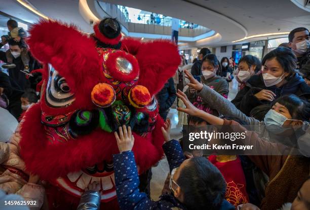 People crowd around a Lion dancer during Chinese Lunar New Year and Spring Festival activities at a shopping mall on January 26, 2023 in Beijing,...