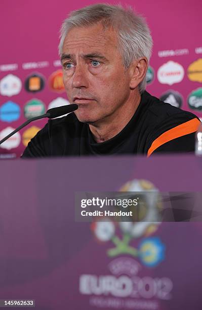 In this handout image provided by UEFA, The Netherlands coach, Mert Van Maarwijk talks during a press conference prior to the UEFA EURO 2012 at the...