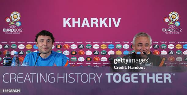 In this handout image provided by UEFA, The Netherlands coach, Mert Van Maarwijk talks during a press conference prior to the UEFA EURO 2012 at the...