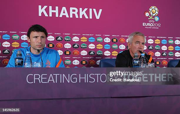 In this handout image provided by UEFA, The Netherlands coach, Mert Van Maarwijk talks during a press conference prior to the UEFA EURO 2012 at the...