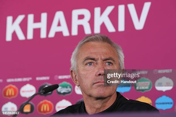 In this handout image provided by UEFA, The Netherlands coach, Mert Van Maarwijk talks during a press conference prior to the UEFA EURO 2012 at the...