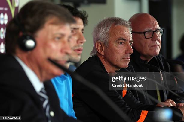 In this handout image provided by UEFA, The Netherlands coach, Mert Van Maarwijk talks during a press conference prior to the UEFA EURO 2012 at the...