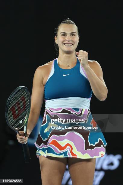 Aryna Sabalenka celebrates winning match point in the Semifinal singles match against Magda Linette of Poland during day 11 of the 2023 Australian...