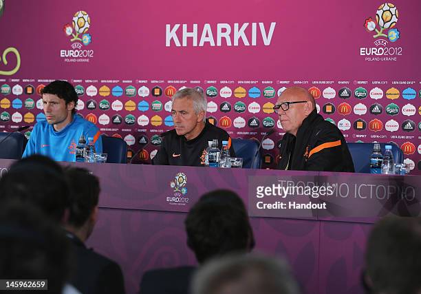 In this handout image provided by UEFA, The Netherlands coach, Mert Van Maarwijk talks during a press conference prior to the UEFA EURO 2012 at the...