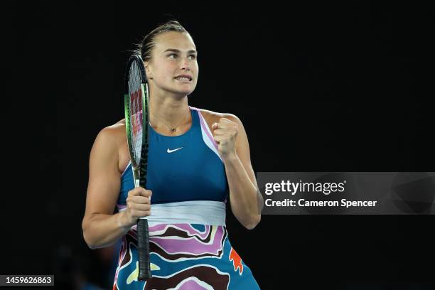 Aryna Sabalenka celebrates winning match point in the Semifinal singles match against Magda Linette of Poland during day 11 of the 2023 Australian...