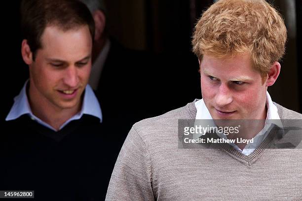 Prince William, Duke of Cambridge and Prince Harry leave the King Edward VII hospital after visiting their grandfather Prince Philip, Duke of...