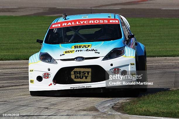 Marcus Gronholm drives the Best Buy Mobile/OMSE 2012 Ford Fiesta during qualifying for the Hoon KaboomTX Global Rallycross Championship at Texas...