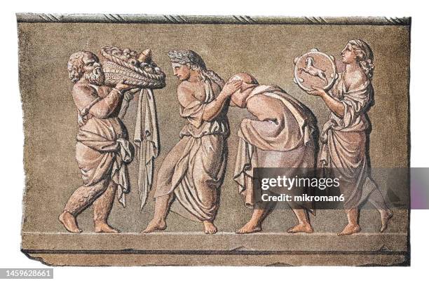 old engraved illustration of initiation of bacchic mysteries - ares god stockfoto's en -beelden