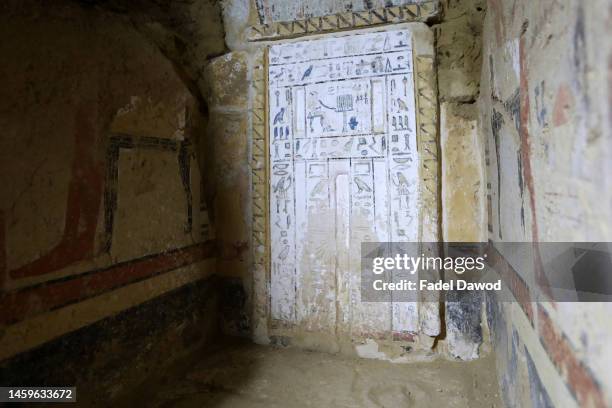 General view of Pharaonic inscriptions at a recently discovered tomb dated to the Old Kingdom, 2700–2200 BC, at the site of the Step Pyramid of...