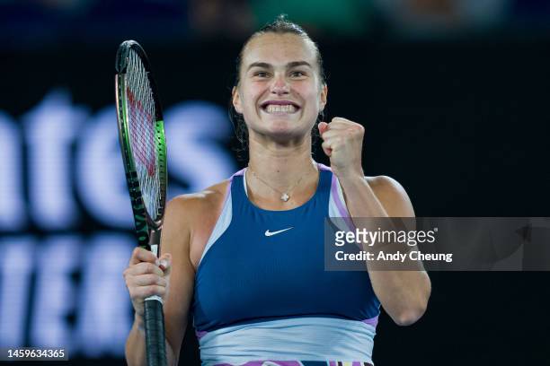 Aryna Sabalenka celebrates victory in the Semifinal singles match against Magda Linette of Poland during day 11 of the 2023 Australian Open at...