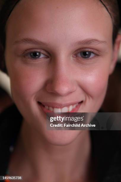 Marike Le Roux backstage at Max Azria's spring 2010 runway show at Bryant Park Tent.