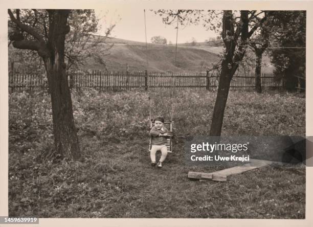 little boy sits on swing in back yard - backyard retro stock-fotos und bilder