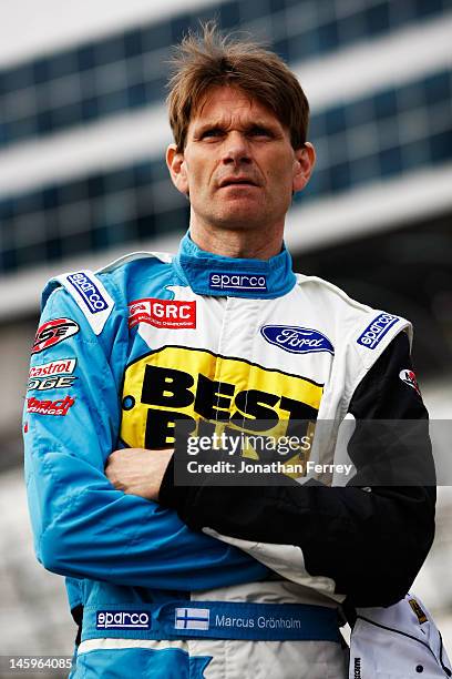 Marcus Gronholm, driver of the Best Buy Mobile/OMSE 2012 Ford Fiesta, looks on during practice for the Hoon KaboomTX Global Rallycross Championship...