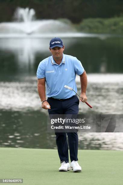 Patrick Reed of The United States reacts after putting on the 9th green during Day One of the Hero Dubai Desert Classic at Emirates Golf Club on...