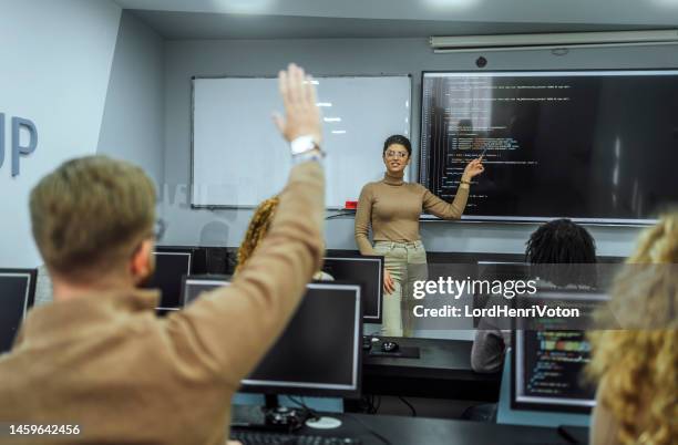 female educator and students in programming school - college students computer lab stock pictures, royalty-free photos & images