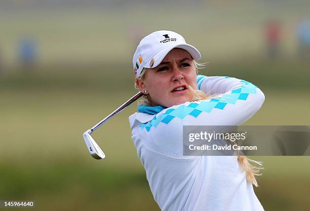 Charley Hull of England and the Great Britain and Ireland team tees off from the third tee during the afternoon fourball matches in the 37th Curtis...