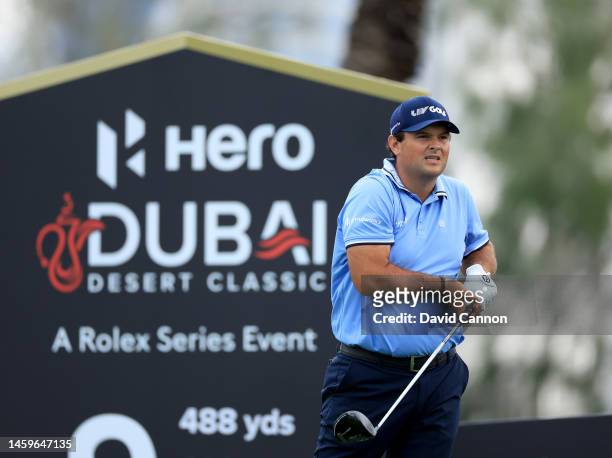 Patrick Reed of The United States plays his tee shot on the ninth hole during Day One of the Hero Dubai Desert Classic on the Majlis Course at The...