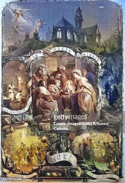 christmas, christmas eve, birth of jesus christ depicted with the manger, 1869, france, historic, digitally restored reproduction of an original 19th-century design, exact original date unknown - eve biblical figure stock-grafiken, -clipart, -cartoons und -symbole