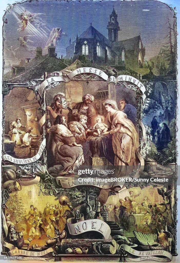 Christmas, Christmas Eve, Birth of Jesus Christ depicted with the manger, 1869, France, Historic, digitally restored reproduction of an original 19th-century design, exact original date unknown