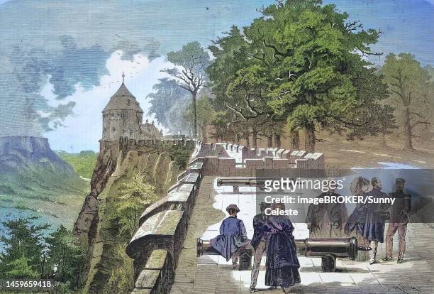 on the cannon platform of the koenigstein fortress, 1869, saxony, germany, historic, digitally restored reproduction of an original 19th century painting, exact original date not known - castelo stock-grafiken, -clipart, -cartoons und -symbole