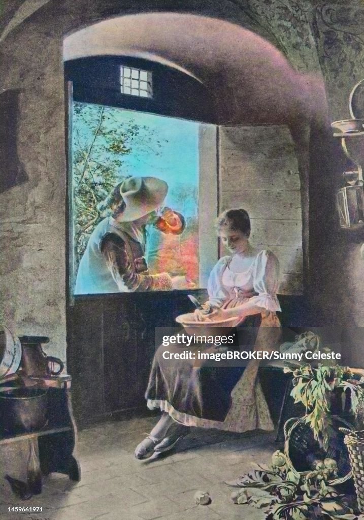 Courting, Man flirting through the open window with a woman doing kitchen work, 1880, Germany, Historic, digitally restored reproduction of a 19th century original