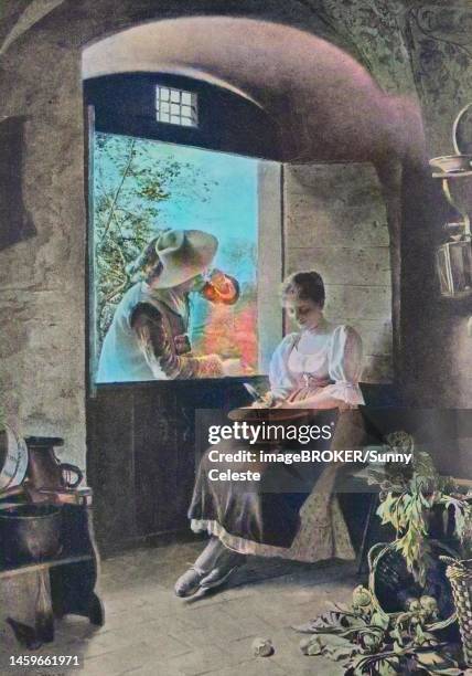 courting, man flirting through the open window with a woman doing kitchen work, 1880, germany, historic, digitally restored reproduction of a 19th century original - animals mating stock illustrations