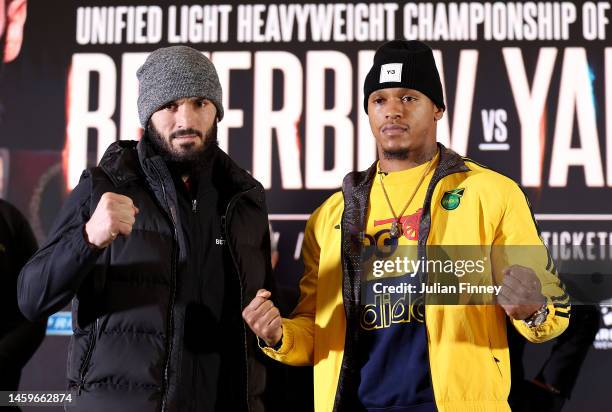 Anthony Yarde of Great Britain and Artur Beterbiev of Russia face off at Grand Hall at The Drum on January 26, 2023 in London, England.