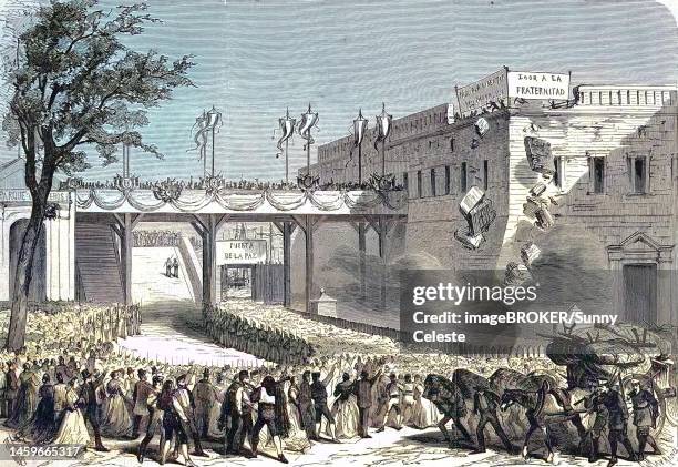 celebrated demolition of the atarazanas fortress in barcelona, 1869, spain, historic, digitally restored reproduction of an original 19th century artwork, exact original date unknown - castelo stock illustrations