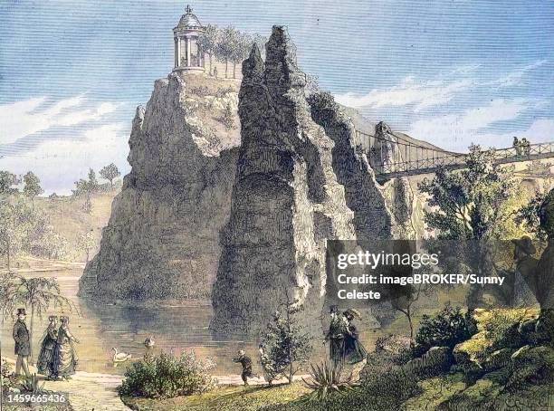 parc des buttes-chaumont, an english-style landscape garden in the northeastern 19th arrondissement of paris, opened in 1867 for the world's fair under napoleon iii, france, historic, digitally restored reproduction of an original 19th century design - english garden landscape stock illustrations