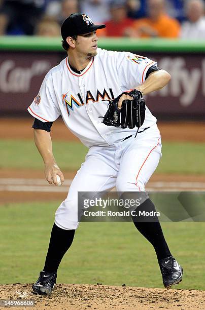 Pitcher Josh Johnson of the Miami Marlins pitches during a MLB game against the Atlanta Braves at Marlins Park on June 6, 2012 in Miami, Florida.